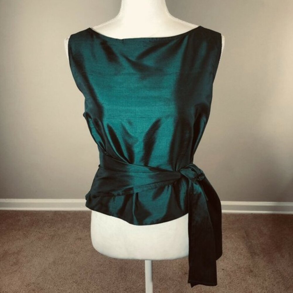 Emerald Green 100% Silk Sleeveless Blouse with Sash
